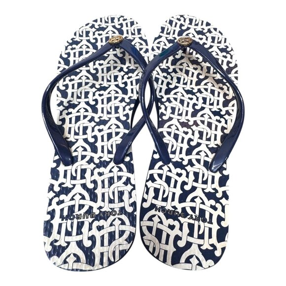 Tory Burch Navy White Thin Flip Flops Size 8 w Gold Logo With Box Good Condition - Picture 3 of 7
